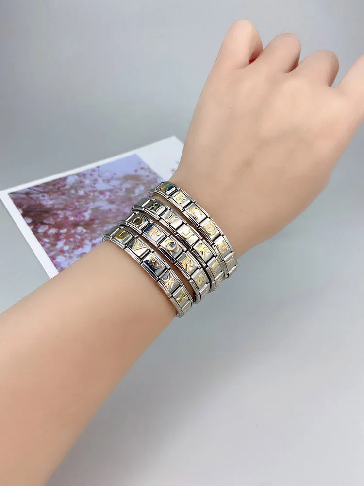 Hapiship 2024 New Fashion 26 English Letters Italian Charm Links Fit 9mm Stainless Steel Bracelet Making Women Jewelry DJ110