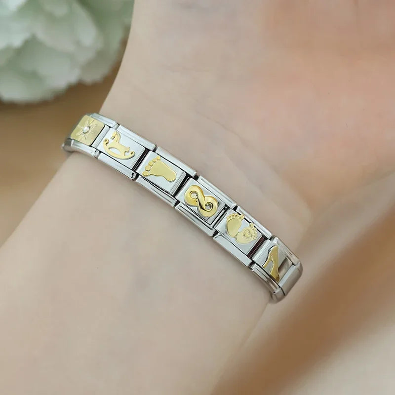 Hapiship 2024 New Elephant Sun Cross Bee Angel Camera Italian Charm Links Fit 9mm Bracelet Stainless Steel Making Jewelry DJ1188