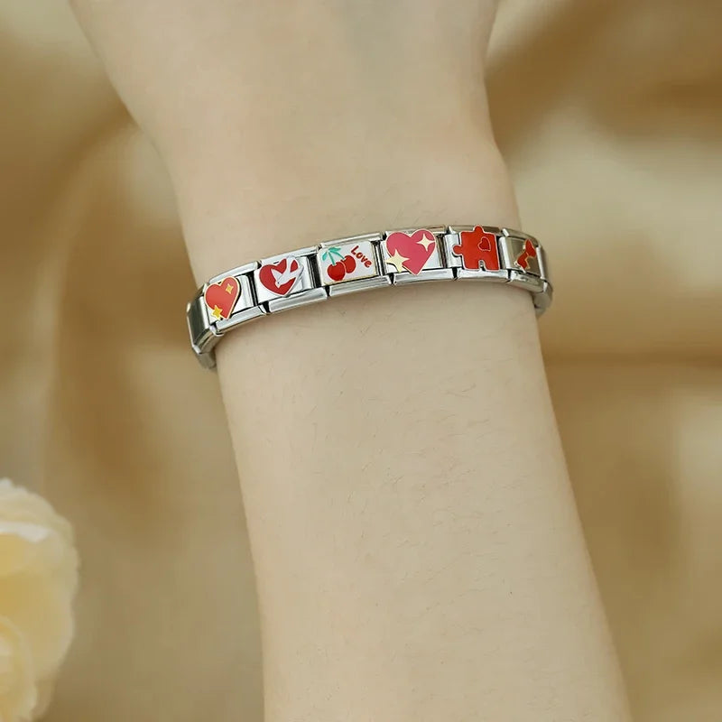 Hapiship 2024 mujeres esmalte rojo flor corazón Kiss Me encantos enlaces italianos ajuste 9mm pulsera de acero inoxidable hacer joyería ZH003