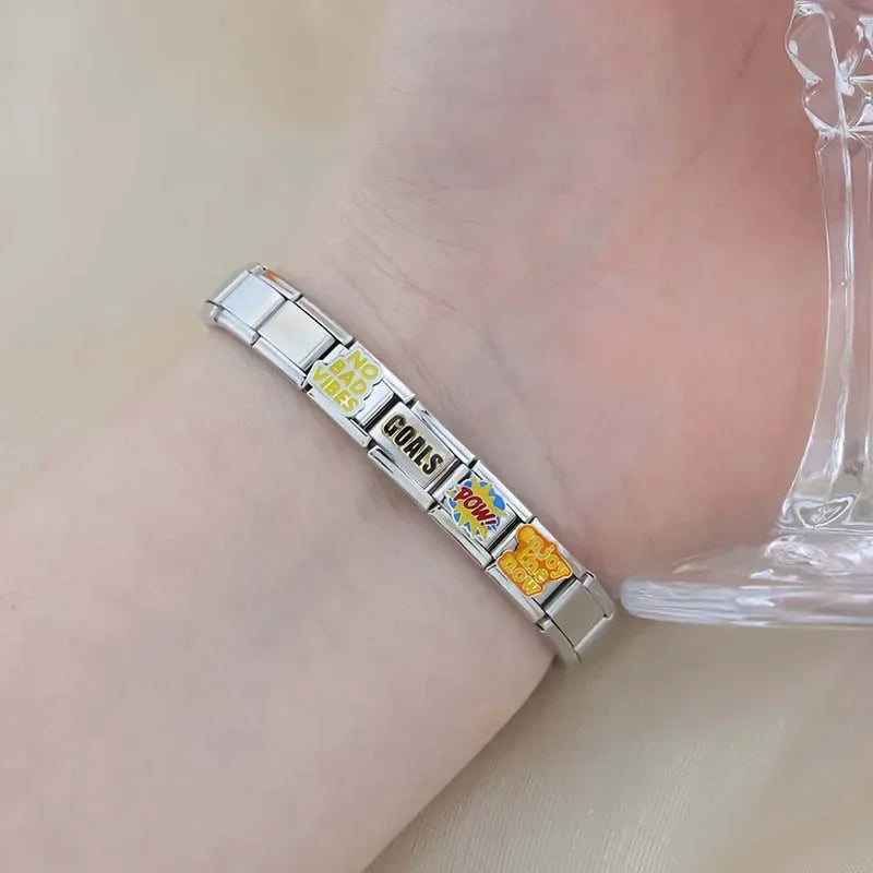 Hapiship 2024 nuevas mujeres Hey Goals Love Story No Bad Vibes Charms Links Fit 9mm pulsera de acero inoxidable joyería DIY DJ1154