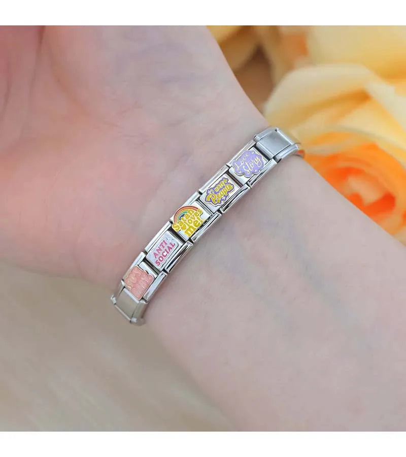 Hapiship 2024 New Women Hey Goals Love Story No Bad Vibes Charms Links Fit 9mm Bracelet Stainless Steel DIY Jewelry DJ1154