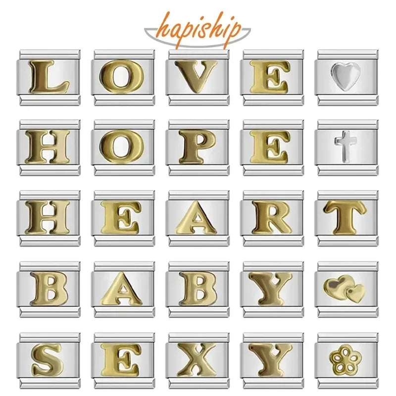 Hapiship 2024 nueva moda 26 letras en inglés eslabones de encanto italiano aptos para pulsera de acero inoxidable de 9mm hacer joyería de mujer DJ110