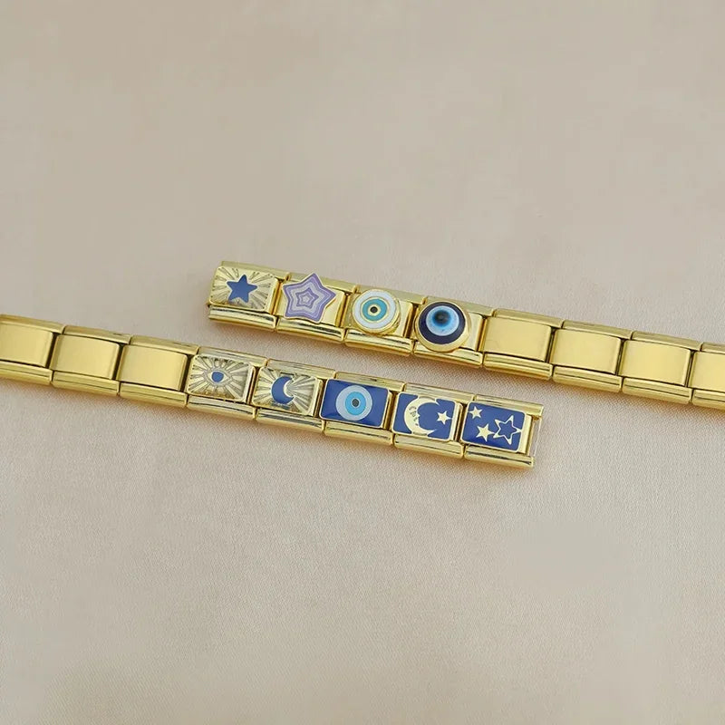Hapiship, envío directo, 2024, Luna, estrella, ojo, dorado, italiano, eslabones aptos para pulsera de acero inoxidable de 9mm, joyería al por mayor DJ1373-A