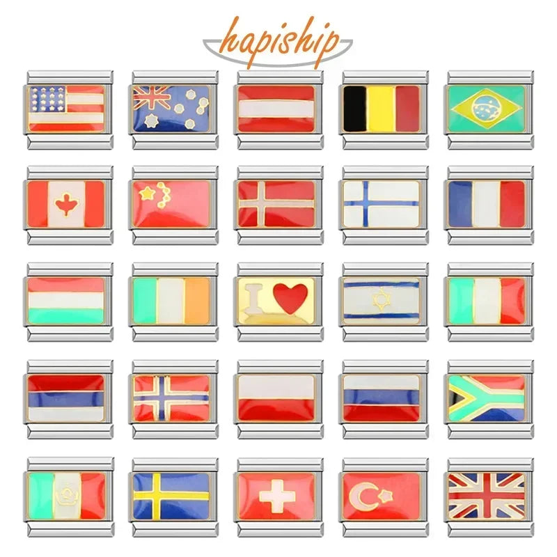 Hapiship-abalorio italiano con bandera nacional del mundo, Margarita Original, compatible con pulsera de 9mm, fabricación de joyas de acero inoxidable DJ046