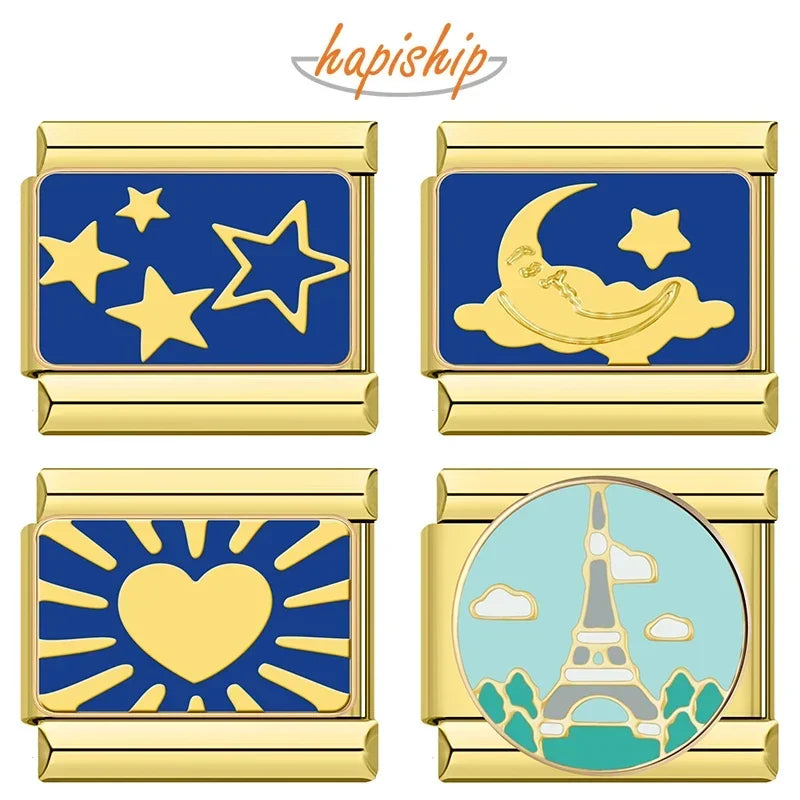 Hapiship 2025, venta al por mayor, Luna, corazón, estrella, abalorio italiano apto para pulsera de acero inoxidable de 9mm, envío directo, joyería para mujer DJ1443