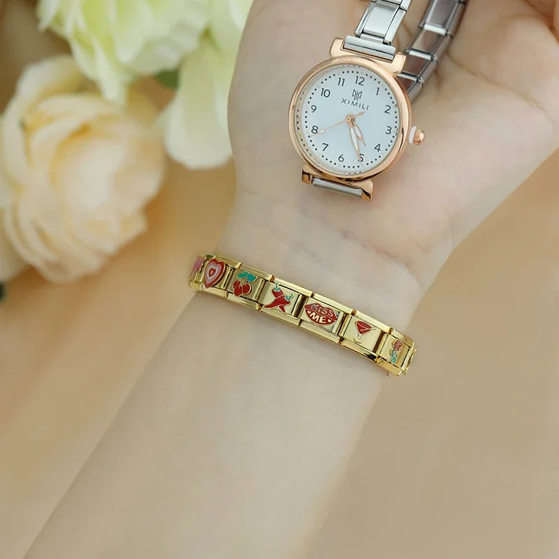 Hapiship moda flor cereza corazón Kiss Me pimienta dorado italiano encanto enlaces ajuste 9mm pulsera Envío Directo joyería DJ1373-B