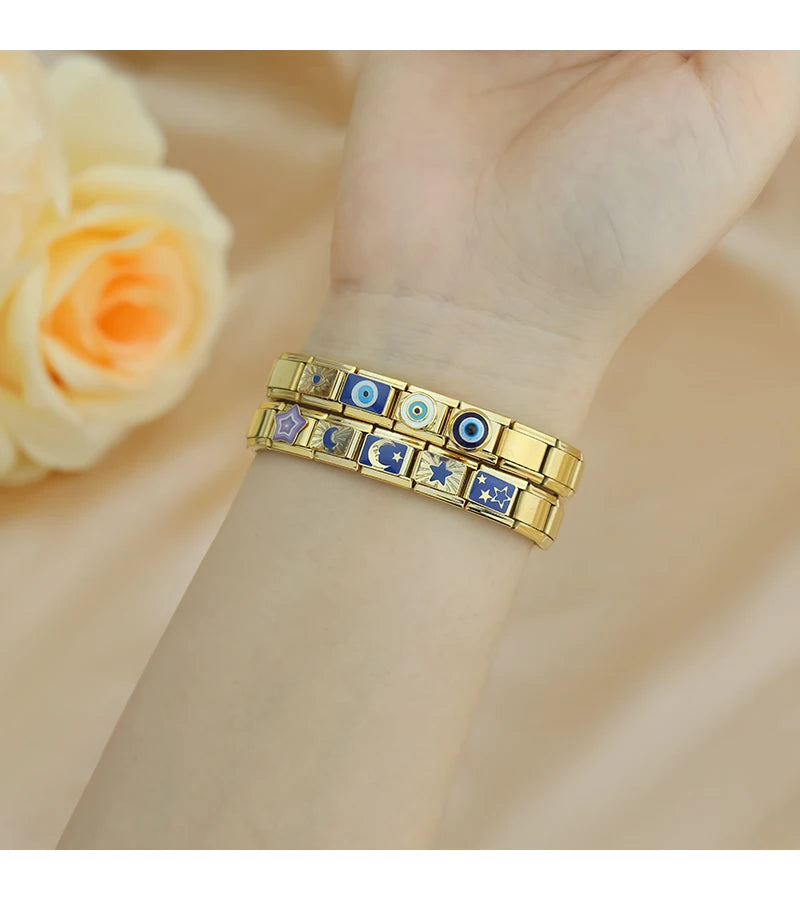 Hapiship, envío directo, 2024, Luna, estrella, ojo, dorado, italiano, eslabones aptos para pulsera de acero inoxidable de 9mm, joyería al por mayor DJ1373-A